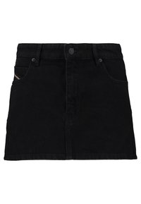 Svart denim mini kjol med framknapp och fickor, med bälteshällor och subtila sömdetaljer.