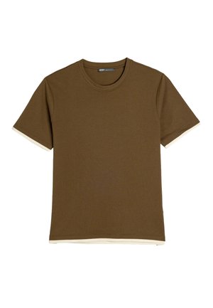 Braunes T-Shirt mit kurzen Ärmeln, geripptem Textil, rundem Halsausschnitt und cremefarbenen Bündchen. Strapazierfähiger Stoff mit einem schlichten, klaren Design.
