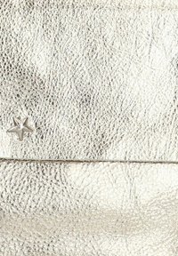 Metallisch zilver leer met een gestructureerd oppervlak en een kleine zilveren steraccent. Kenmerkt zich door een vouwdetail in het materiaal.