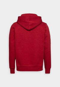 Roter Hoodie aus einem weichen Baumwollmischgewebe, mit einer großzügigen Kapuze, gerippten Bündchen und einer einfarbigen Gestaltung ohne Muster oder Verzierungen.