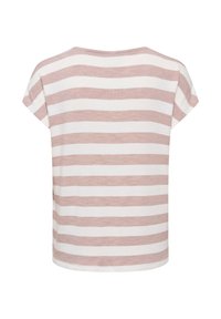 Kortærmet skjorte med brede, vandrette beige og hvide striber, vist bagfra på en ensfarvet hvid baggrund.