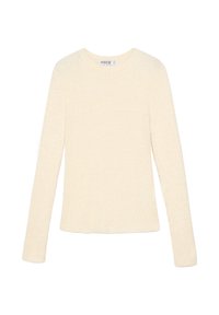 Suéter de punto de manga larga con cremallera de color crema y cuello redondo, etiquetado como talla pequeña, dispuesto sobre un fondo blanco.