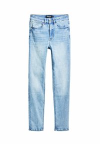 Pantalones vaqueros de mezclilla en un azul claro con un diseño de pierna recta, que cuenta con una cremallera en la parte delantera, bolsillos frontales y una textura ligeramente desvaída. Etiqueta de la marca visible en la cinturilla.
