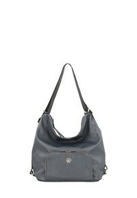 Borsa a spalla in tessuto grigio con una struttura morbida, doppi manici e una tasca con zip sul davanti. Dettaglio del logo dorato sul fronte.