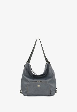 Borsa a spalla in tessuto grigio con una struttura morbida, doppi manici e una tasca con zip sul davanti. Dettaglio del logo dorato sul fronte.