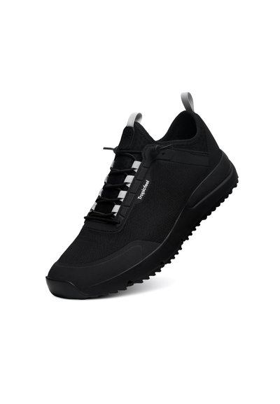 Black athletic shoe with a breathable mesh upper, minimalist design, elastic laces, and a textured rubber sole for grip and durability.
