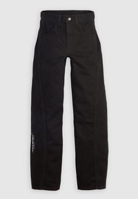Black denim pants featuring a straight leg design, front pockets, and a contrasting logo on the left side. Classic button and zipper closure.