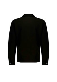 Zwarte langemouwhemd met een polo-kraag, voorzien van knoopmanchetten en een gladde textuur, gepresenteerd van achteren.