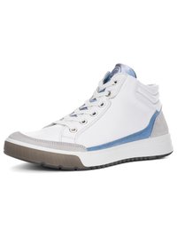 White high-top sneaker with gray and blue accents, lace-up front, padded ankle collar, and a thick rubber sole with textured tread.