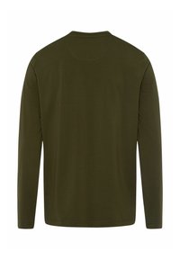 Langärmliges T-Shirt mit Rundhalsausschnitt in Olivgrün, das eine glatte Textur und ein einfaches Design aufweist, ohne sichtbare Muster oder Akzente.