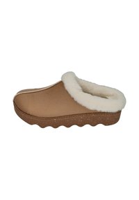 Brown slip-on slipper made of textured material, featuring a plush white fur lining and a ridged speckled sole for added grip.