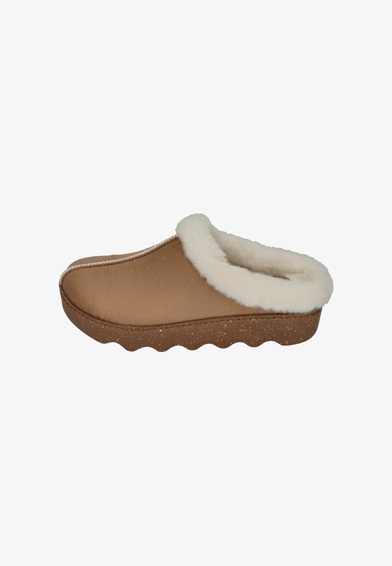 Brown slip-on slipper made of textured material, featuring a plush white fur lining and a ridged speckled sole for added grip.