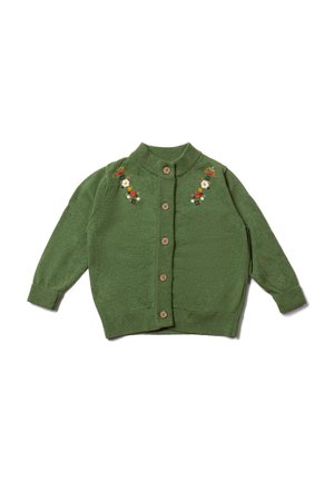 Grüne Strickjacke mit floraler Stickerei am Kragen, fünf braunen Knöpfen und gerippten Bündchen. Weiche Textur mit einem leicht lockeren Schnitt.