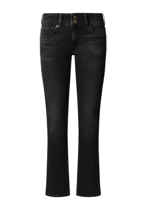 Black denim jeans with a slim fit, mid-rise waist, front button closure, and standard five-pocket design, displayed on a white background.