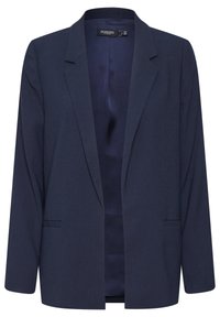 Námořnický modrý blazer s hladkou texturou, designem na jedno tlačítko, dvěma předními kapsami a klasickým výstřihem.