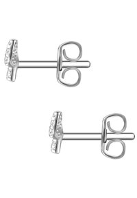 Pendientes de plata con un diseño de barra en T, que presentan una fila de piedras preciosas transparentes. Textura suave y acabado pulido, con un respaldo de poste sencillo.