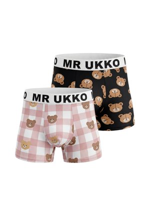 Two pairs of boxer briefs with "MR UKKO" on the waistband, one black with brown bear faces, one pink and white checkered with bear faces.