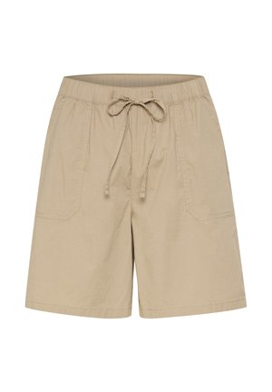Beige katoenen shorts met een elastische tailleband en trekkoord. Voorzien van twee zijzakken en een losse, rechte pasvorm.
