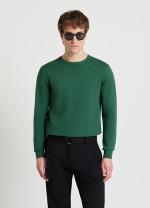 Uomo con occhiali da sole scuri, maglione verde girocollo, pantaloni neri con cintura, in piedi davanti a uno sfondo grigio chiaro uniforme.