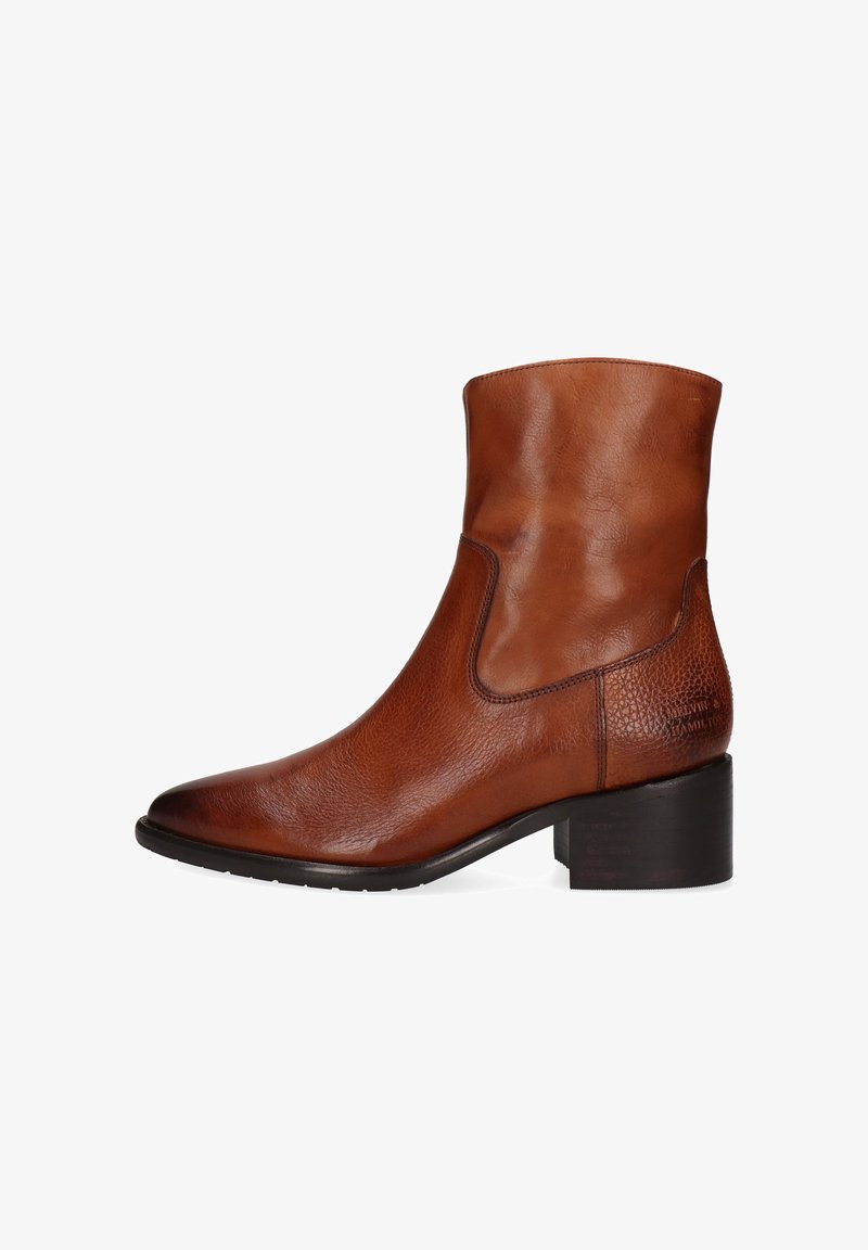 Botte de cheville en cuir marron avec une tige lisse, des accents légèrement texturés, un bout pointu et un talon bloc de hauteur intermédiaire.