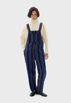 Blauwe en bruine gestreepte tuinbroek met een voorkasas, verstelbare schouderbanden, gedragen met een crèmekleurige coltrui en zwarte schoeisel.