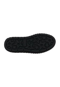 Zwarte rubberen schoenzool met een sterrenpatroon, voorzien van een getextureerde grip, omrandde randen en meerdere verharde stippen voor extra tractie.