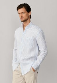 Man draagt een lichtblauw-wit gestreept overhemd met knopen en beige broek, staat met handen in de zakken tegen een grijze achtergrond.