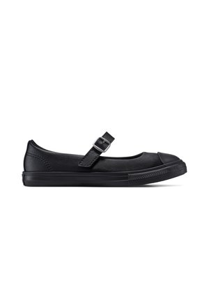 Chaussures noir style Mary Jane avec une tige synthétique texturée, bout en caoutchouc, sangle ajustable avec boucle et semelle plate en caoutchouc.