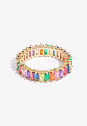 Gold ring with rectangular multicolored gemstones set continuously around the band on a white background.