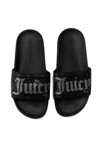 Infradito neri con una fascia testurizzata decorata da strass che formano la scritta "Juicy". Sottopiede nero opaco con una forma curvata.