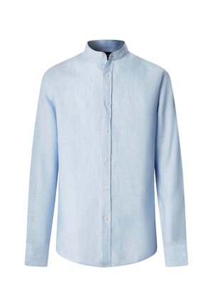 Camisa de manga larga azul claro con cuello mao y cierre frontal de botones, hecha de tela texturizada.