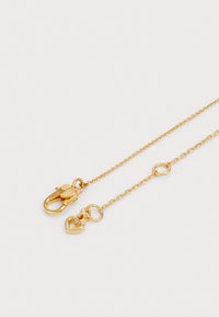 Zlatě zbarvený řetízek s karabinou a kruhovými články. Obsahuje detail malého srdíčkového přívěsku. Hladký povrch, lehký design.