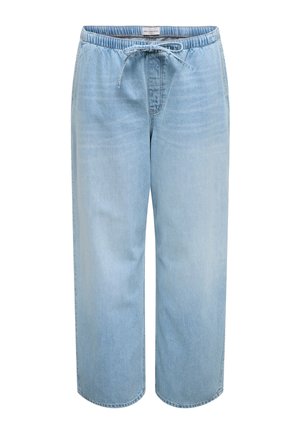 Hellblaue Denim-Hose mit elastischem Bund und Kordelzug, geradem Bein und einer dezenten verwaschenen Textur.