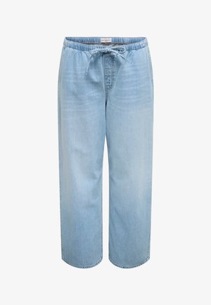 Jasnoniebieskie jeansy z elastyczną talią i sznurkiem do regulacji, prosty krój nogawki oraz subtelna wyblakła faktura.