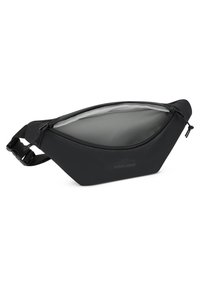 Black fanny pack with a sleek, ergonomic design. Made of water-resistant material, featuring a zippered main compartment and adjustable strap.