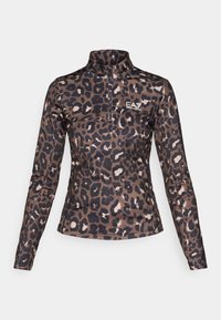 Pullover de manga longa em padrão de leopardo com gola alta e fecho de correr a meio. Feito de tecido liso e elástico. Apresenta um logótipo no peito.