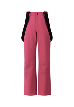 Roze waterdichte sneeuwbroek met zwarte verstelbare bretels en een knoopsluiting aan de voorkant, ontworpen voor winterse outdooractiviteiten.