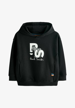 Black hooded sweatshirt with large white "PS" logo featuring a zebra and "Paul Smith" signature, plus small rainbow detail on the pocket.