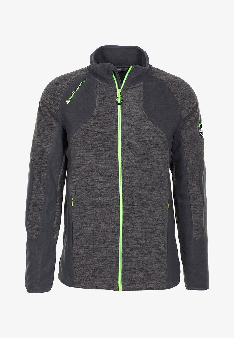Grijze fleece jas met een hoge kraag, contrasterende groene ritssluiting en subtiele textuur. Voorzien van ritszakken aan de zijkanten en schouderaccenten.