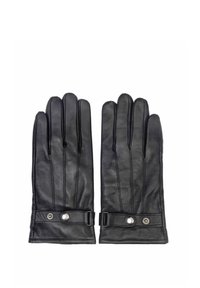 Czarne skórzane rękawiczki z pięcioma palcami, z pionowym szwem i regulowanym paskiem z dodatkiem srebrnego guzika. Gładka faktura.