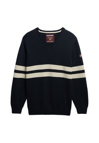Granatowy sweter z dekoltem w serek z kremowymi poziomymi paskami i ściągaczami. Posiada metkę marki na karku oraz mały detal z amerykańską flagą na rękawie.