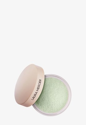 Boîte ouverte de poudre libre verte Laura Mercier avec couvercle beige incliné sur le côté, nom du produit visible sur le couvercle.