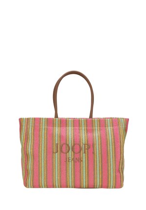 Borsa tote a righe rosa, verde e giallo con manici marroni, logo ricamato "JOOP! JEANS" al centro della parte anteriore.