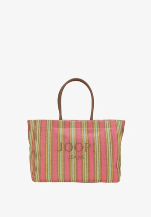 Stribet pink, grøn og gul mulepose med brune håndtag, broderet "JOOP! JEANS" logo på frontens midte.