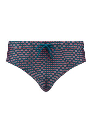 Schwimm-Bikini-Höschen mit einem dunkelblauen Muster und pinken geometrischen Formen, Zugband an der Taille und glatter Stofftextur.
