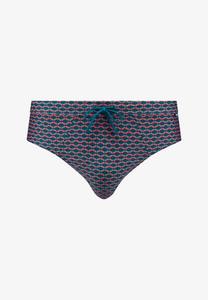 Ujumisbikiinide alumine osa, millel on tume teal'värvi muster roosade geomeetriliste kujunditega, kummipael taljes ja sile kangast tekstuur.