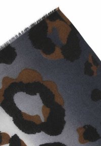 Leopard print scarf featuring gray, brown, and black hues. Soft texture with frayed edges. Abstract animal pattern covers the fabric.