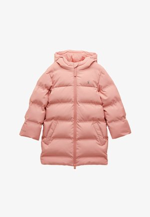 Roze gewatteerde winterjas met capuchon, ritssluiting aan de voorkant en twee zijzakken, ontworpen voor koud weer.