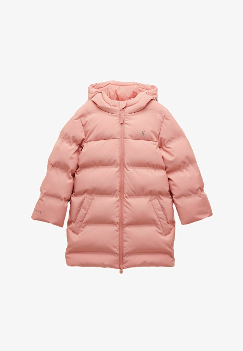 Manteau d'hiver matelassé à capuche rose avec fermeture éclair frontale et deux poches latérales, conçu pour les temps froids.
