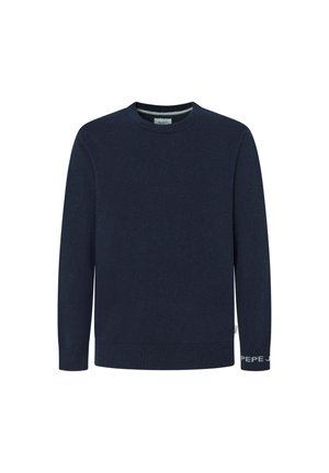 Dunkelblauer Pullover mit langen Ärmeln aus weichem Strickmaterial. Mit Rundhalsausschnitt und einem Logodetail am linken Ärmel.
